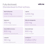 Key ingredients and doses in SLEEP: reishi 1,000 mg, L-glycine 3,000 mg, magnesium 200 mg, KSM-66 ashwagandha 250 mg and more