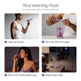 Your evening ritual with SLEEP: take one sachet, mix it into 200 ml of water, drink it 30 minutes before bed, repeat every night