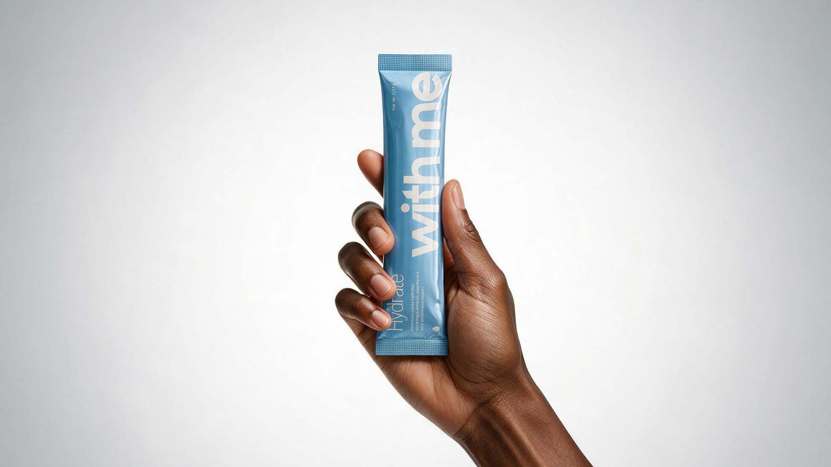 A hand holding a blue Hydrate stick pack against a white background