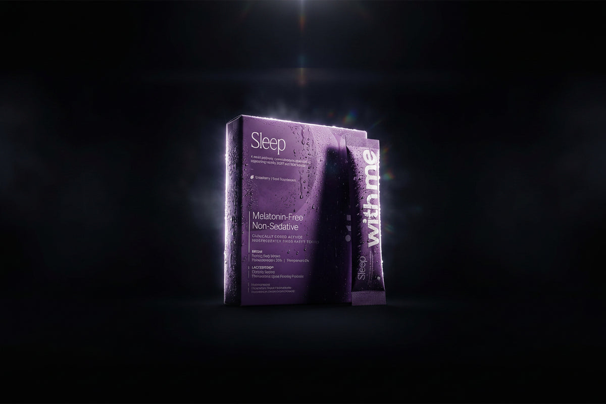 The purple Sleep box, melatonin-free and non-sedative, lit against a dark background